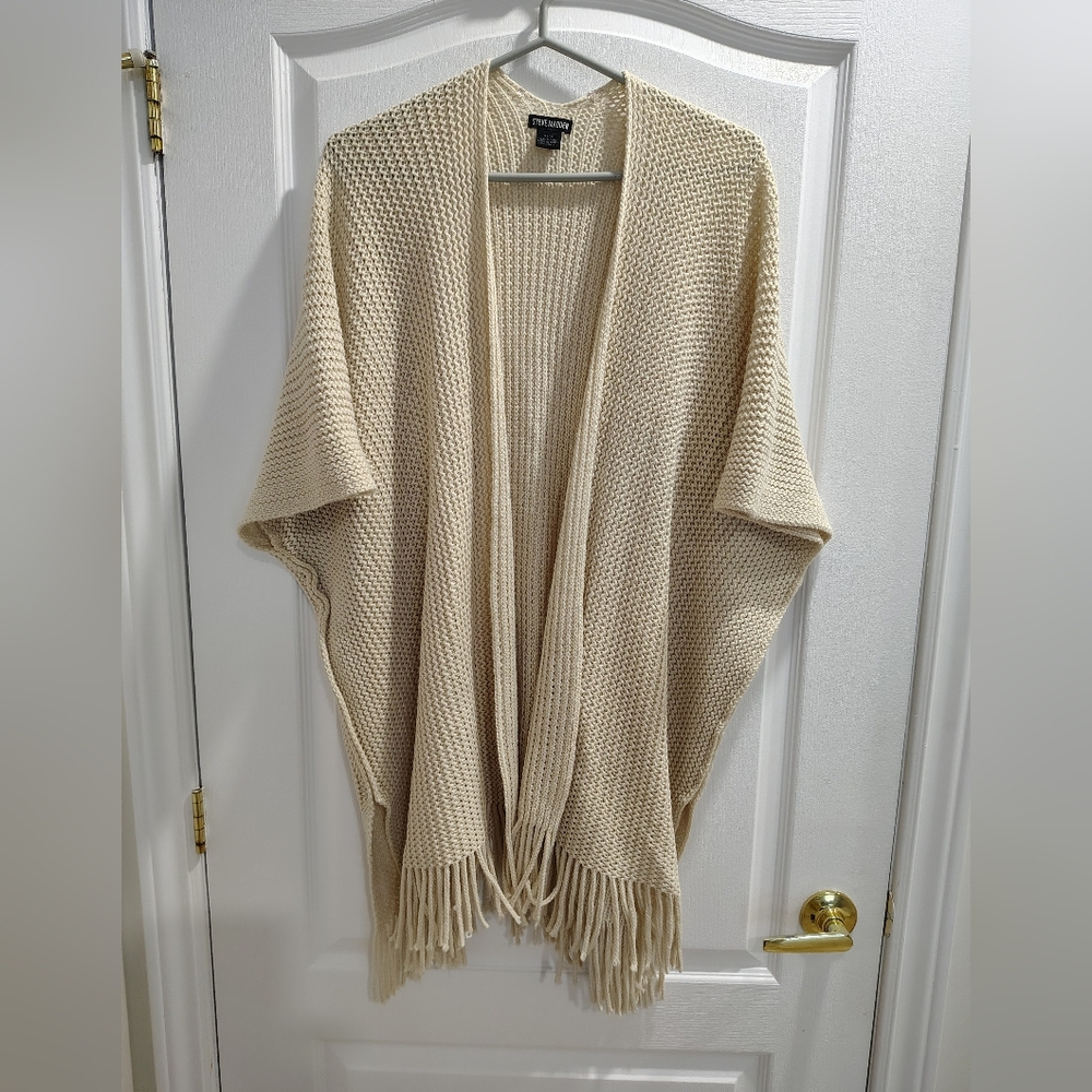 Steve Madden Cream Open-Knit Fringe Poncho Sweater